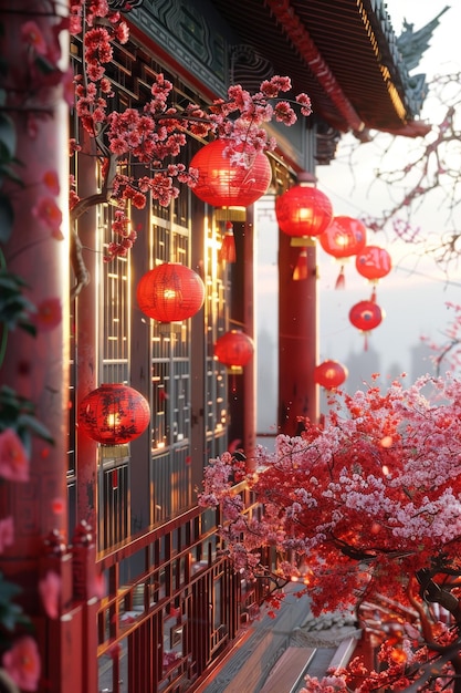 Chinese architecture red lanterns and cherry blossoms