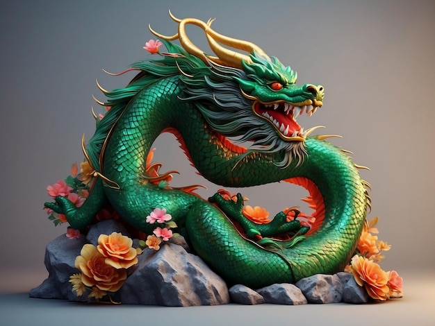 Chinese art style green and gold dragon statue sitting or flying for new year celebration