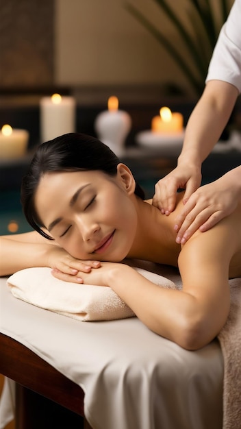 Chinese asian woman in wellness beauty spa having aroma therapy massage with essential oil looking