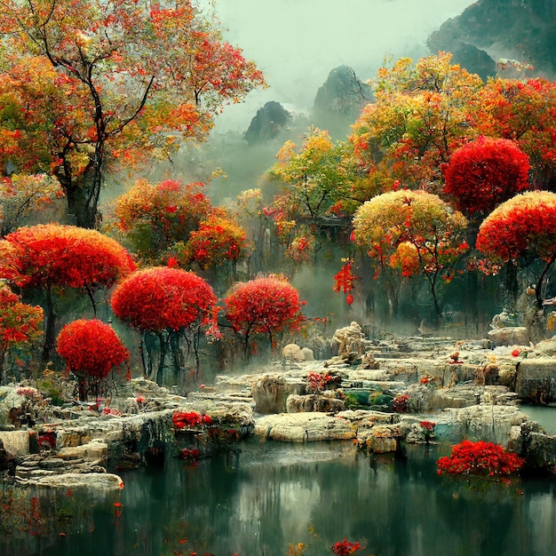 Chinese autumn landscape with autumn trees and majestic mountains Season background Digital art