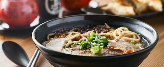 Chinese beef soup in bowl panorama