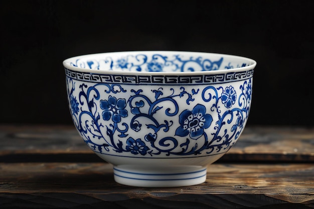 A chinese blue and white porcelain bowl is placed on the wooden table with a black background side