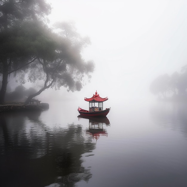 Photo chinese boat in the lake water cloudy scenery wallpaper ai generated art