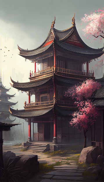 Chinese buildings spring time very beautiful view generative AI