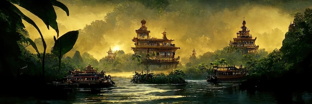 Chinese characters on the boat have found a mysterious overgrown temple during their travels