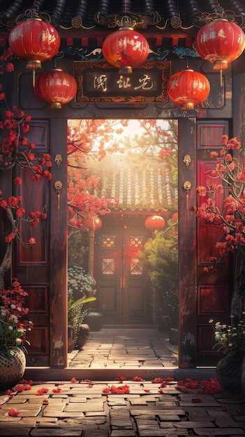 Chinese courtyard with red lanterns and cherry blossoms