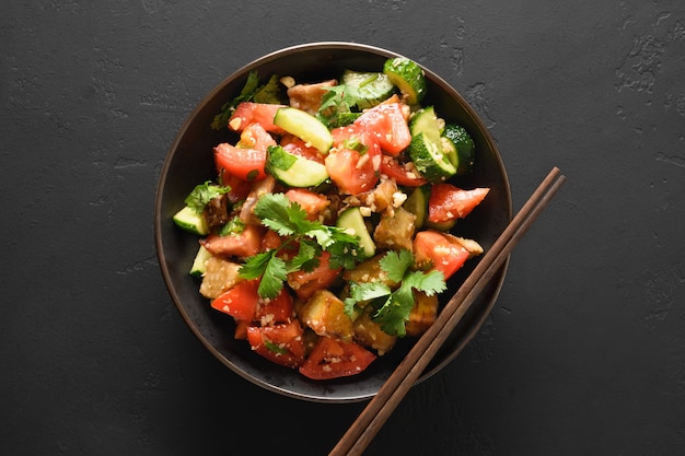 Chinese crispy fry eggplants with fresh vegetables in oyster sauce