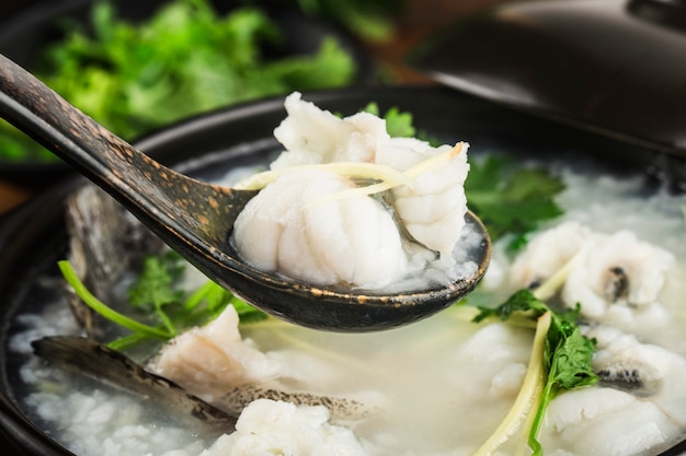 Chinese cuisine Congee with fish slices in casserole