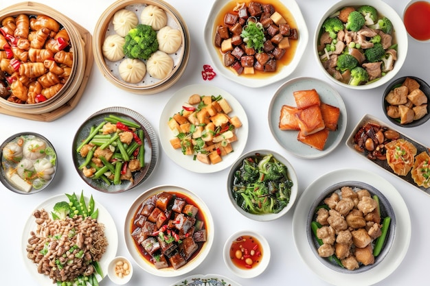 Chinese Cuisine Spread from Above Clean White Background