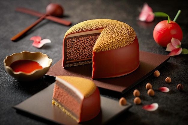 Chinese dessert in form of delicious confectionery shu cake with sweet red grains created with gener