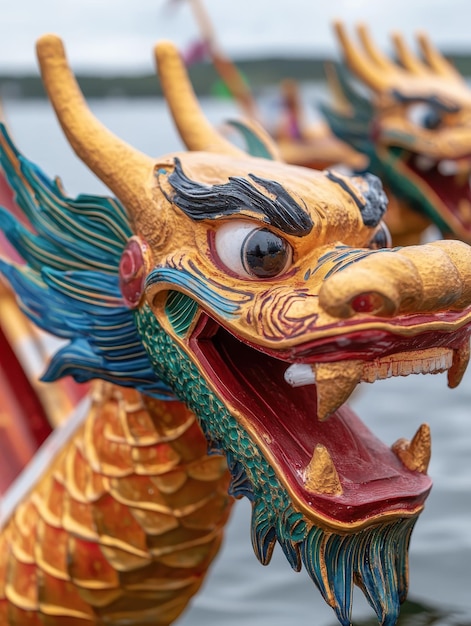 Photo chinese dragon boat festival with racing boats and rice dumplings