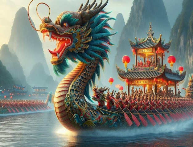 Chinese dragon boat in river on boat festival