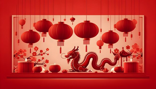 Chinese dragon Chinese new year concept illustration lanterns background template copy space