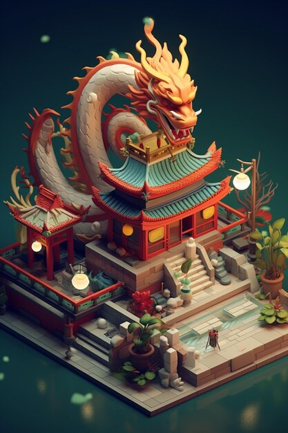 Chinese dragon minimalist diorama isometric