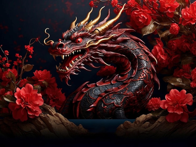 Chinese dragon new year event background design traditional fearsome massive dark Red Dragon