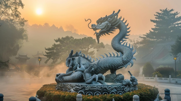 Chinese dragon statue at twilight time