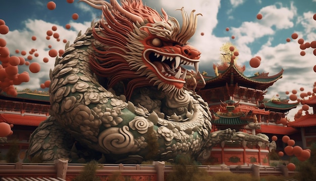 Chinese Dragon with imperial style Chinese architecture houses surrounded by floral ornaments