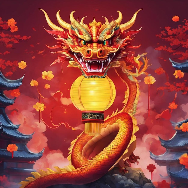 Chinese dragon with lantern on red background symbolizing luck and prosperity