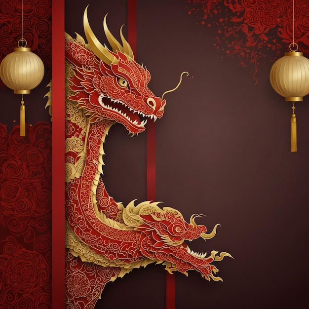 a chinese dragon with a red background with chinese lanterns