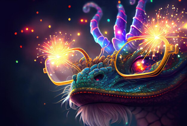 Chinese dragon with wisdom eyeglasses and colorful fireworks for New Year celebration Zodiac and holiday concept Generative AI