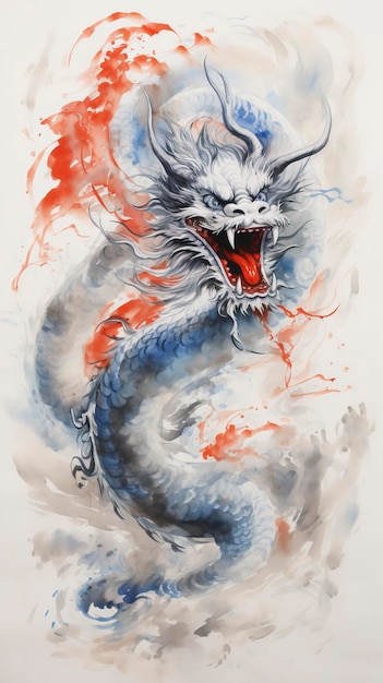 Chinese dragonRed and blue in the style of traditional ink paintingFreehand brushwork painting mist by Qi Baishi ar 916 v 52 Job ID 80799af70b0d416f97749327a2726333