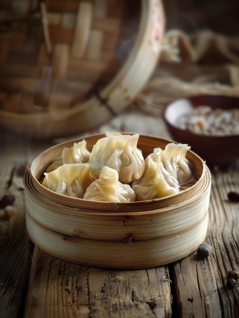 chinese dumplings are on a wooden table