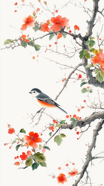 Photo in a chinese embroidery a bird perches on the branch of an ancient tree with red flowers and green l