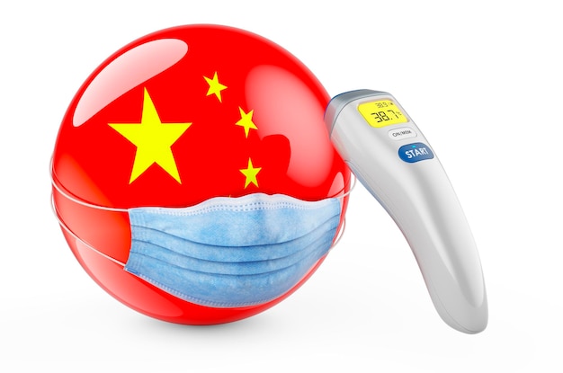 Chinese flag with medical mask and infrared electronic thermometer Pandemic in China concept 3D rendering