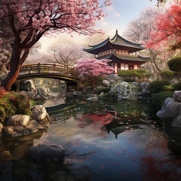 Chinese flower garden spring image Generative AI