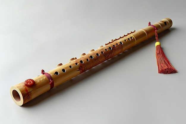 A chinese flute made of wood with red and yellow strings on one end is lying flat against a white