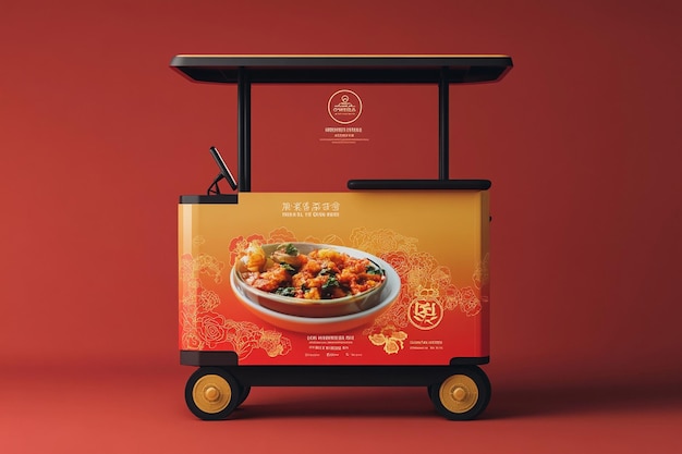 a chinese food cart with a bowl of food on it