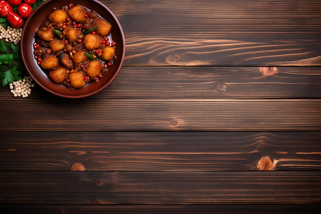 Chinese food on top view wooden background