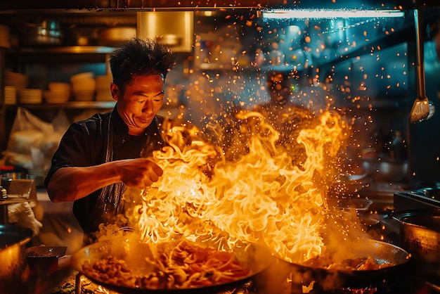 Chinese food with burning fire on steel pan in the restaurant kitchen