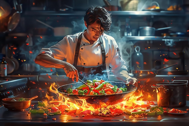 Chinese food with burning fire on steel pan in the restaurant kitchen