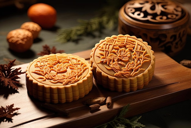 chinese fried mooncake with two dried leaves on a wooden table in the style of natureinspired motif