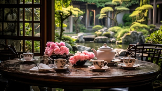 Photo chinese garden with green plants and blooming roses and antique chinese teapot and table