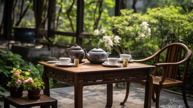 Photo chinese garden with green plants and blooming roses and antique chinese teapot and table