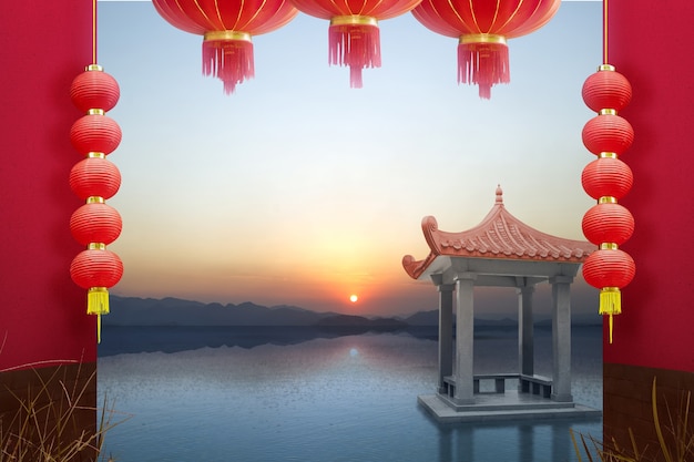 Chinese gazebo building on the lake with hanging lantern