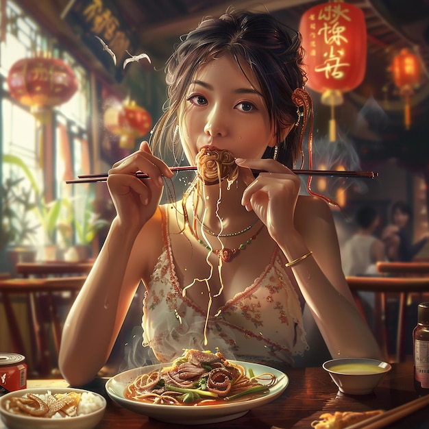 Photo chinese girl enjoying a variety of food in high detail realism