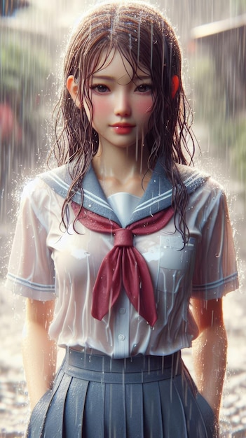 chinese girl illustration in heavy rain