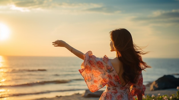 A Chinese girl is standing on the beach