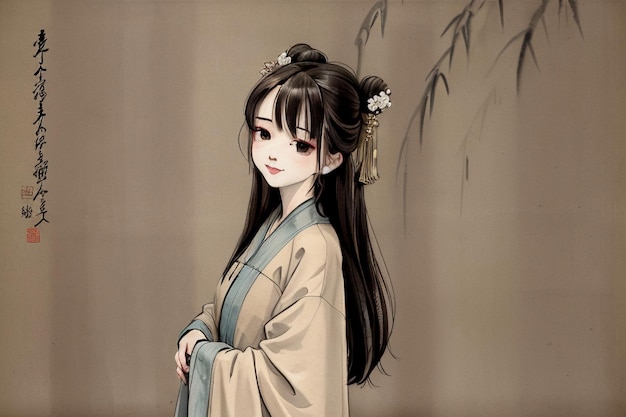 A chinese girl in a kimono with a bamboo branch behind her.