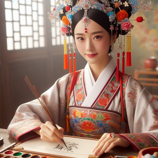 Chinese girl painting wallpaper