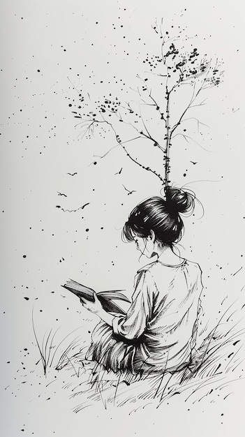 Photo chinese girl reading under tree doodle