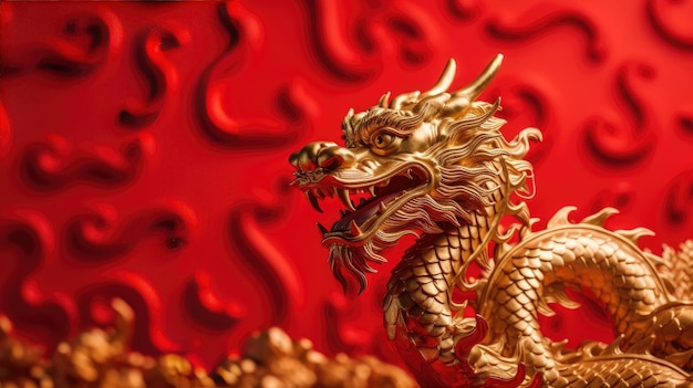 Chinese gold dragon in smart pose on red background Genaretive Ai