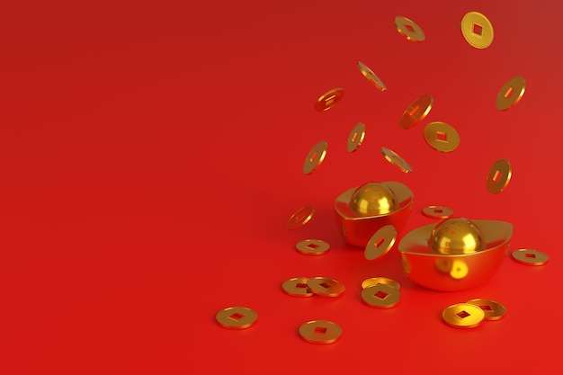 Chinese gold ingots and coins, symbol of prosperity, isolated on red background.