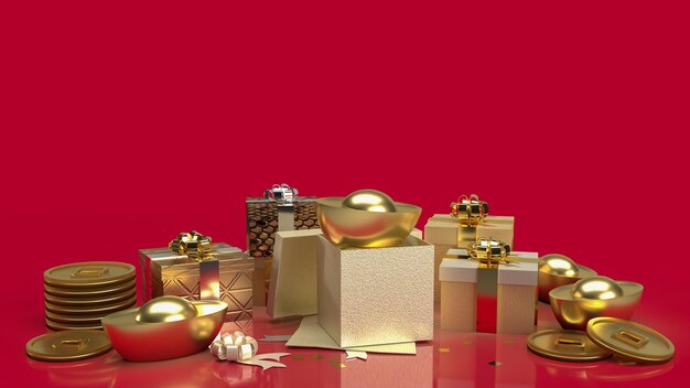 The Chinese  gold money and gift box on red background  for business or holiday concept 3d rendering