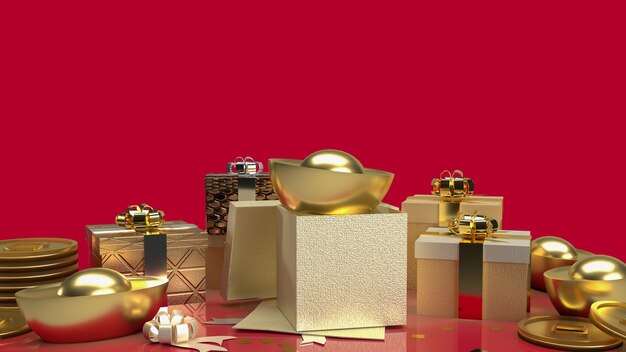 The Chinese  gold money and gift box on red background  for business or holiday concept 3d rendering