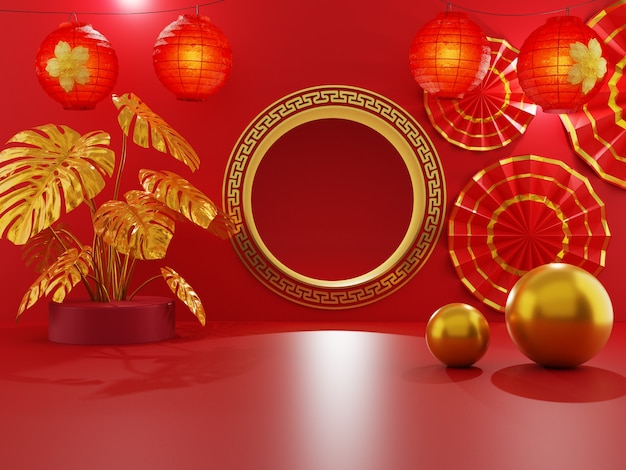 Chinese golden gate decorated with red lanterns and golden tropical anthurium plant on a red background and golden ball