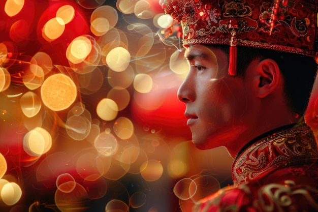 chinese groom in traditional wedding dress bokeh style background